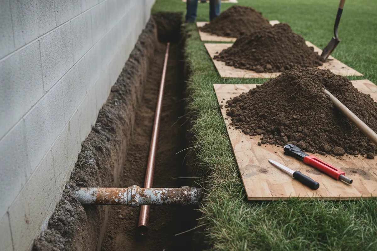 Excavated water line trench during Water Heater Repair in Charleston